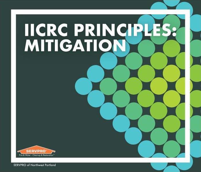 Green and blue gradient colored circles form a diamond shape, text says: "IICRC Principles: Mitigation"