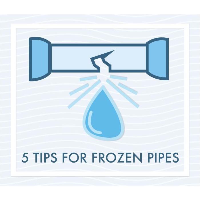 graphic of a pipe cracking and a water droplet falling. Words five tips for frozen pipes typed over image